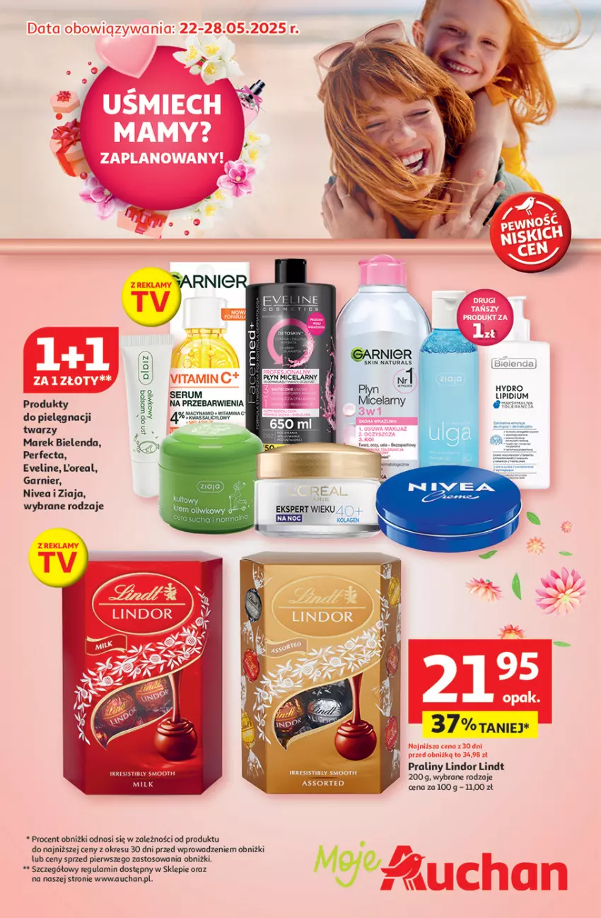 Gazetka promocyjna Auchan - Uśmiech mamy? Zaplanowany! Moje - ważna 22.05 do 28.05.2025 - strona 1 - produkty: Bielenda, Eveline, Garnier, Lindor, Lindt, Nivea, Perfecta, Praliny, Rum, Ser, Serum, Ziaja