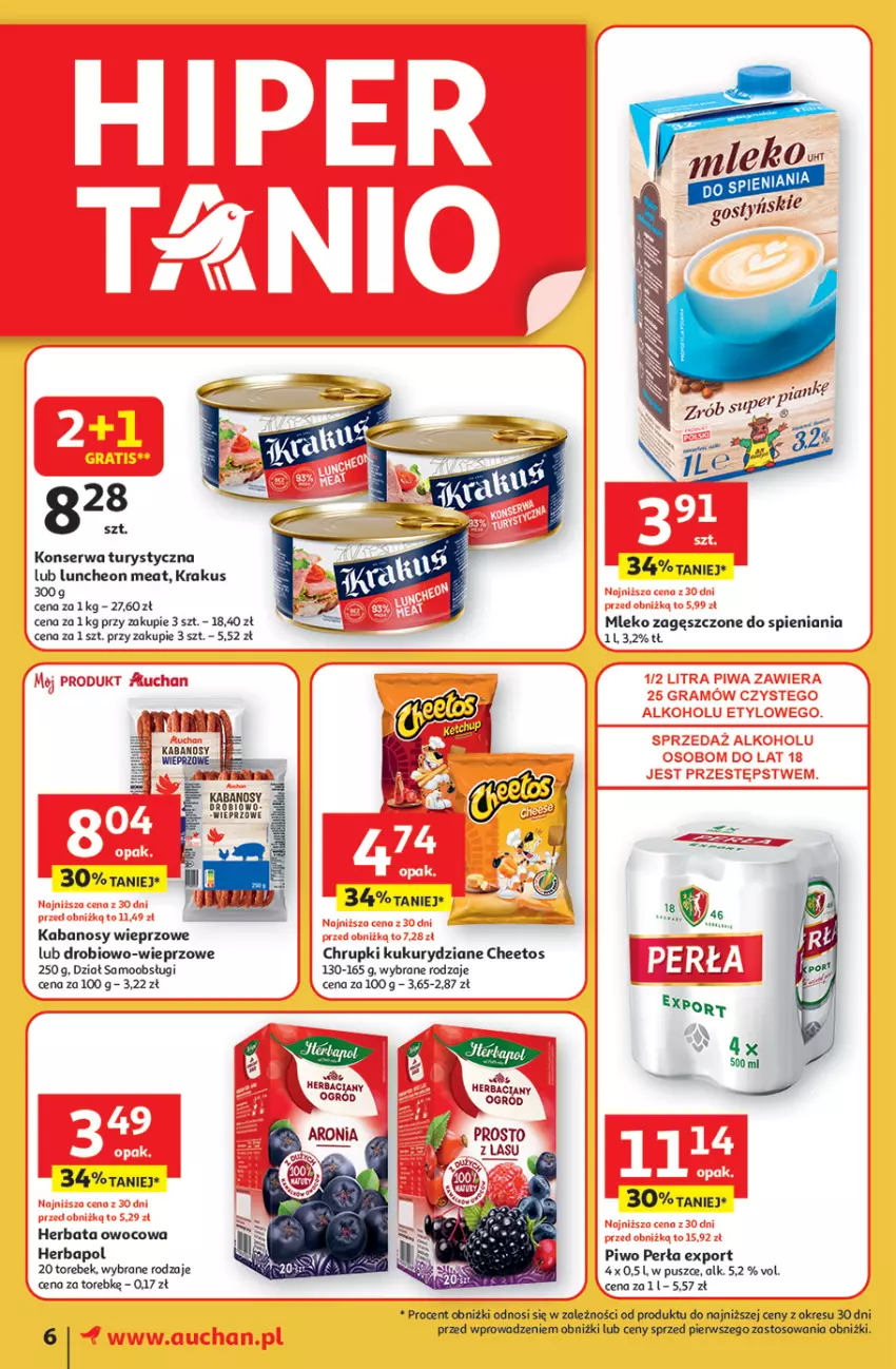 Gazetka promocyjna Auchan - Uśmiech mamy? Zaplanowany! Moje - ważna 22.05 do 28.05.2025 - strona 8 - produkty: Cheetos, Chrupki, Herbapol, Herbata, Herbata owocowa, Kabanos, Konserwa turystyczna, Krakus, Mleko, Mleko zagęszczone, Ogród, Perła, Piwo, Por, Ser