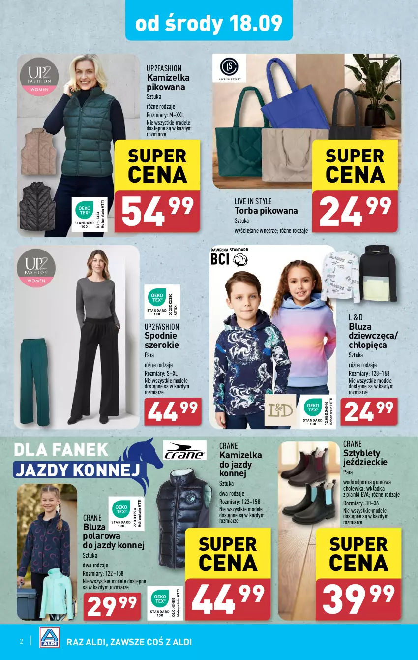 Gazetka promocyjna Aldi - Artykuły przemysłowe i tekstylia - ważna 16.09 do 21.09.2024 - strona 2 - produkty: Bluza, Bluza polarowa, Fa, K2, Kamizelka, Por, Spodnie, Sztyblety, Torba