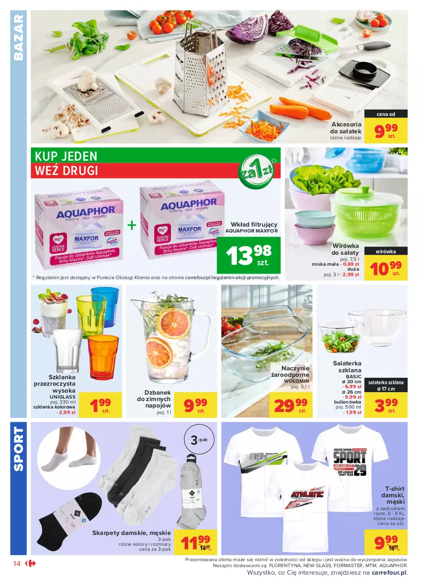 Gazetka promocyjna Carrefour - Gazetka Market - ważna 05.04 do 17.04.2021 - strona 14 - produkty: Aquaphor, Bulion, Dzbanek, Karp, LANA, Lion, Miska, Naczynie żaroodporne, Por, Sałat, Salaterka, Sok, Sport, Szklanka, T-shirt