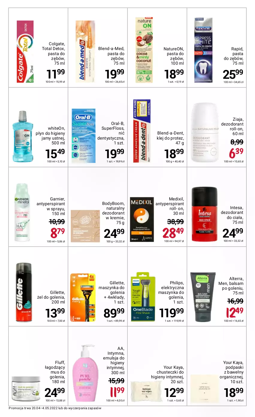 Gazetka promocyjna Rossmann - ważna 20.04 do 04.05.2022 - strona 38 - produkty: Alterra, Antyperspirant, Balsam po goleniu, Blend-a-Med, Body, Chusteczki, Chusteczki do higieny, Colgate, Dezodorant, Emulsja, Garnier, Gillette, Klej, LG, Maszynka, Maszynka do golenia, Mus, Nić dentystyczna, Pasta do zębów, Philips, Podpaski, Szynka, Ziaja