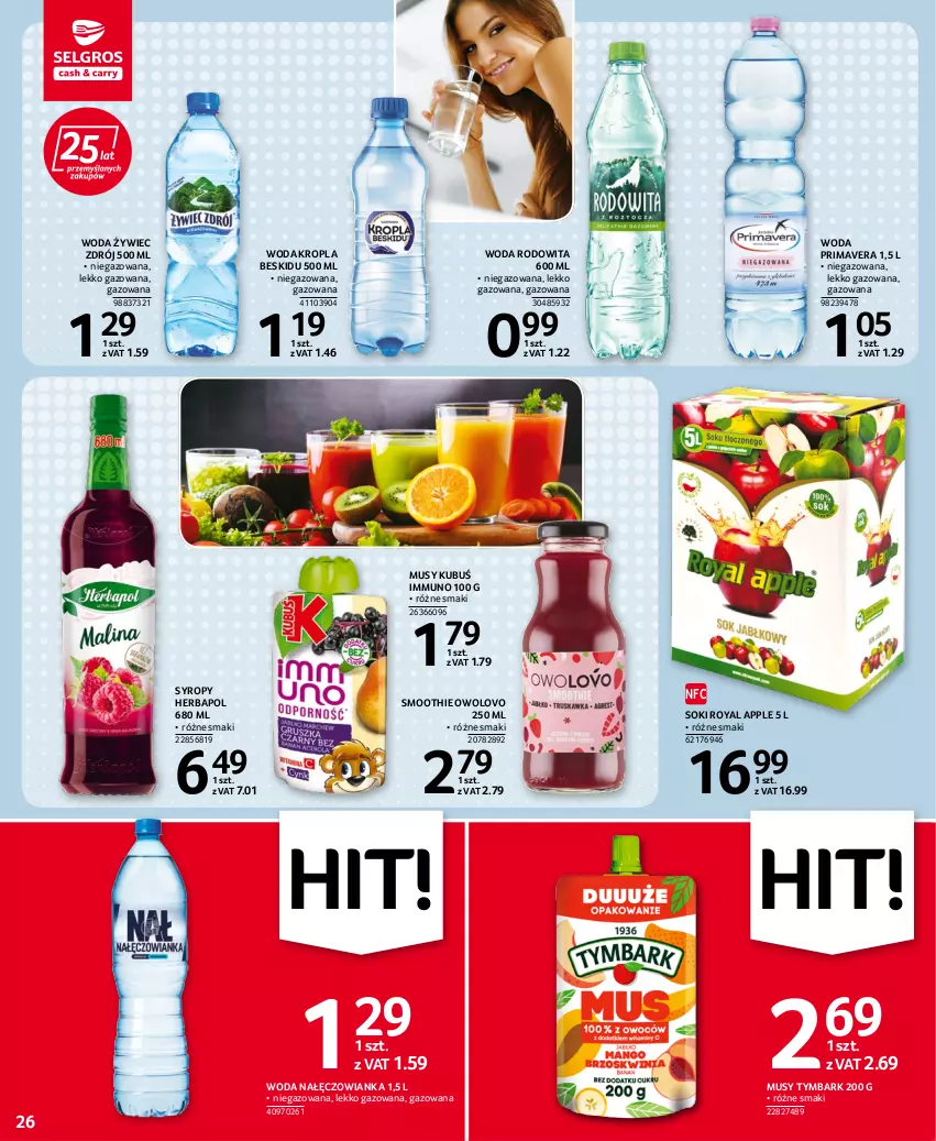 Gazetka promocyjna Selgros - Oferta spożywcza - ważna 06.10 do 19.10.2022 - strona 26 - produkty: Herbapol, Kubuś, Mus, Nałęczowianka, Prima, Primavera, Smoothie, Sok, Syrop, Syropy, Tymbark, Woda