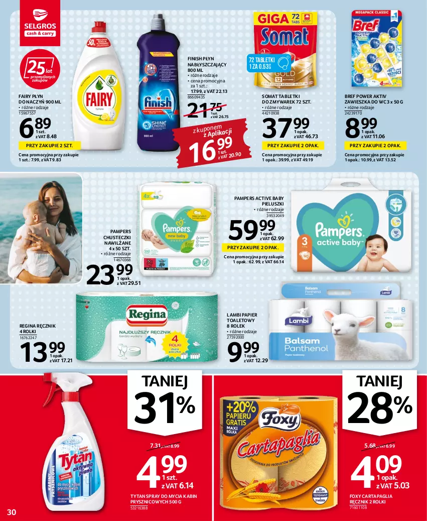 Gazetka promocyjna Selgros - Oferta spożywcza - ważna 06.10 do 19.10.2022 - strona 30 - produkty: Bref, Chusteczki, Fa, Fairy, Finish, Foxy, Gin, Pampers, Papier, Papier toaletowy, Płyn nabłyszczający, Ręcznik, Rolki, Somat, Tablet, Tytan, Zawieszka do wc