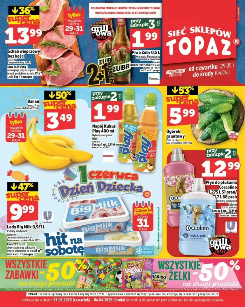 Gazetka promocyjna Topaz - ważna 29.05 do 04.06.2025 - strona 1 - produkty: Big Milk, Coccolino, Grunt, Kubuś, Lody, Napój, Ogórek, Płyn do płukania, Tera, Waga