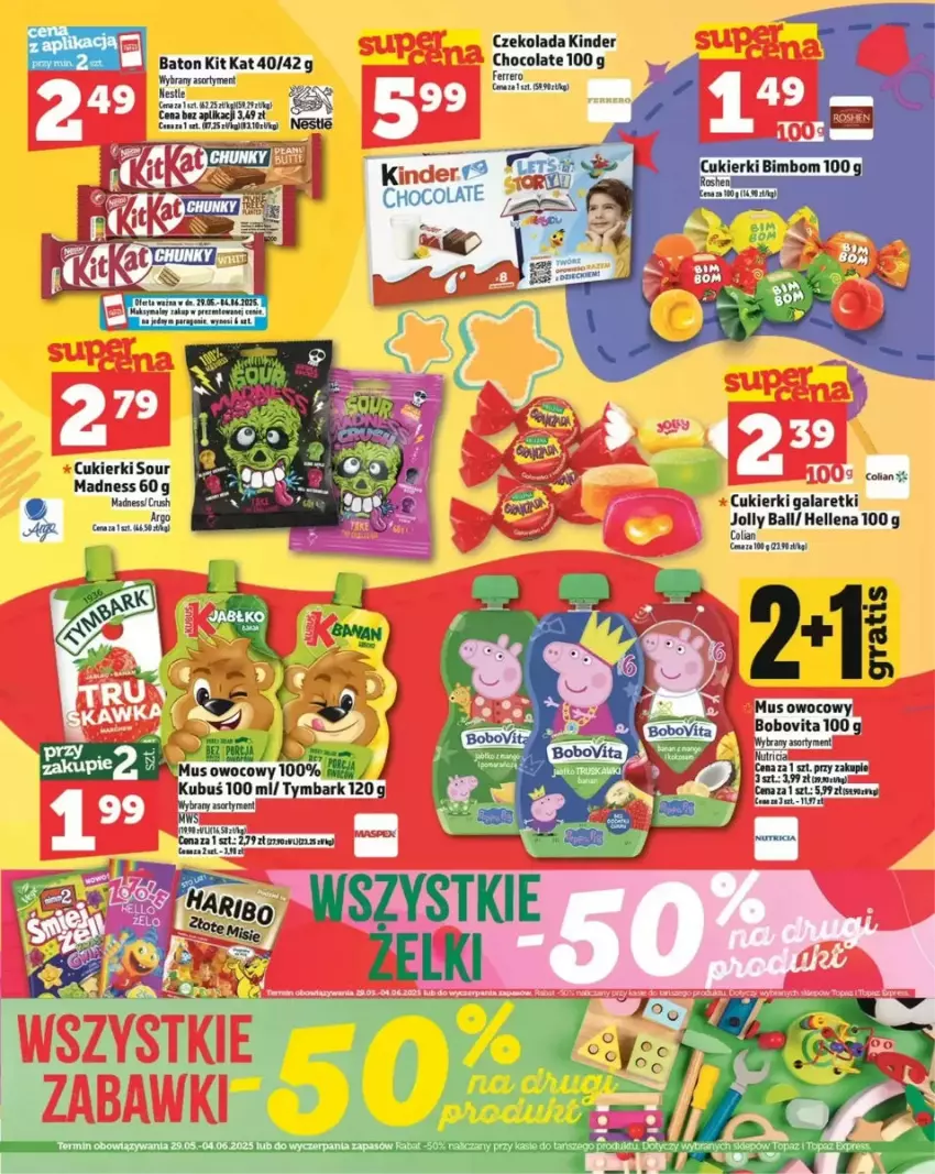 Gazetka promocyjna Topaz - ważna 29.05 do 04.06.2025 - strona 23 - produkty: Baton, Cukier, Cukierki, Czekolada, Fa, Gala, Galaretki, Hellena, Kinder, Kit Kat, Kubuś, LG, Mus, Tymbark