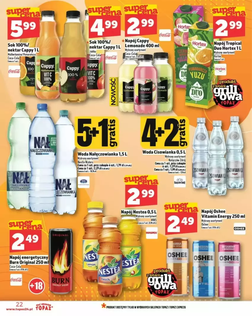 Gazetka promocyjna Topaz - ważna 29.05 do 04.06.2025 - strona 46 - produkty: Cappy, Cisowianka, Coca-Cola, Gin, Napój, Napój energetyczny, Nektar, Nestea, Oshee, Sok, Top, Woda