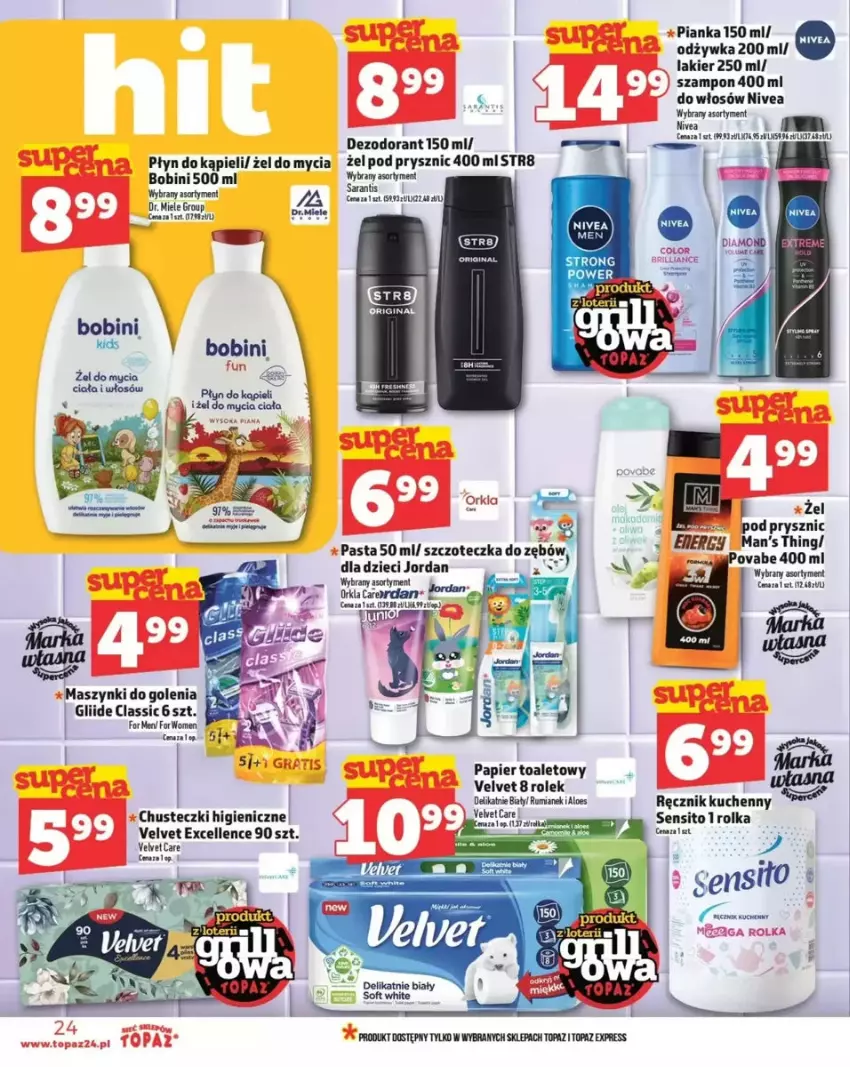 Gazetka promocyjna Topaz - ważna 29.05 do 04.06.2025 - strona 48 - produkty: Chusteczki, Dezodorant, Dzieci, Lakier, Nivea, Odżywka, Papier, Papier toaletowy, Płyn do kąpieli, Ręcznik, Ręcznik kuchenny, Sito, Szampon, Szczoteczka, Top, Velvet
