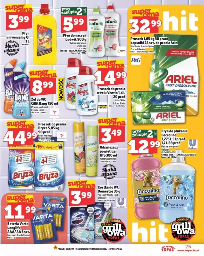 Gazetka promocyjna Topaz - ważna 29.05 do 04.06.2025 - strona 49 - produkty: Bateria, Bryza, Coccolino, Domestos, Fa, Kostka do wc, Ludwik, Odświeżacz powietrza, Płyn do płukania, Proszek do prania, Rum, Top, Varta