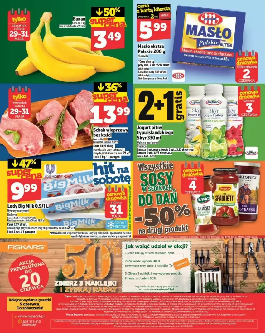 Gazetka promocyjna Topaz - ważna 29.05 do 04.06.2025 - strona 52 - produkty: Big Milk, Fiskars, HP, Isla, Jogurt, Jogurt pitny, Klej, Lody, Masło, Olej, Piątnica, Schab wieprzowy, Top, Waga