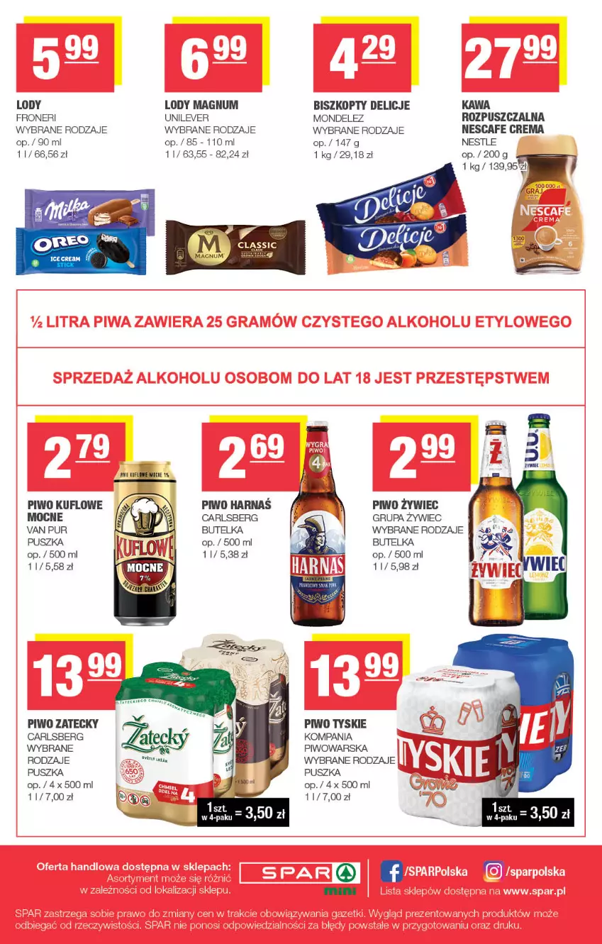Gazetka promocyjna Spar - Spar-Mini - ważna 27.07 do 06.08.2025 - strona 4 - produkty: Biszkopty, Carlsberg, Delicje, Kawa, Lody, Piwo, Pur, Tyskie