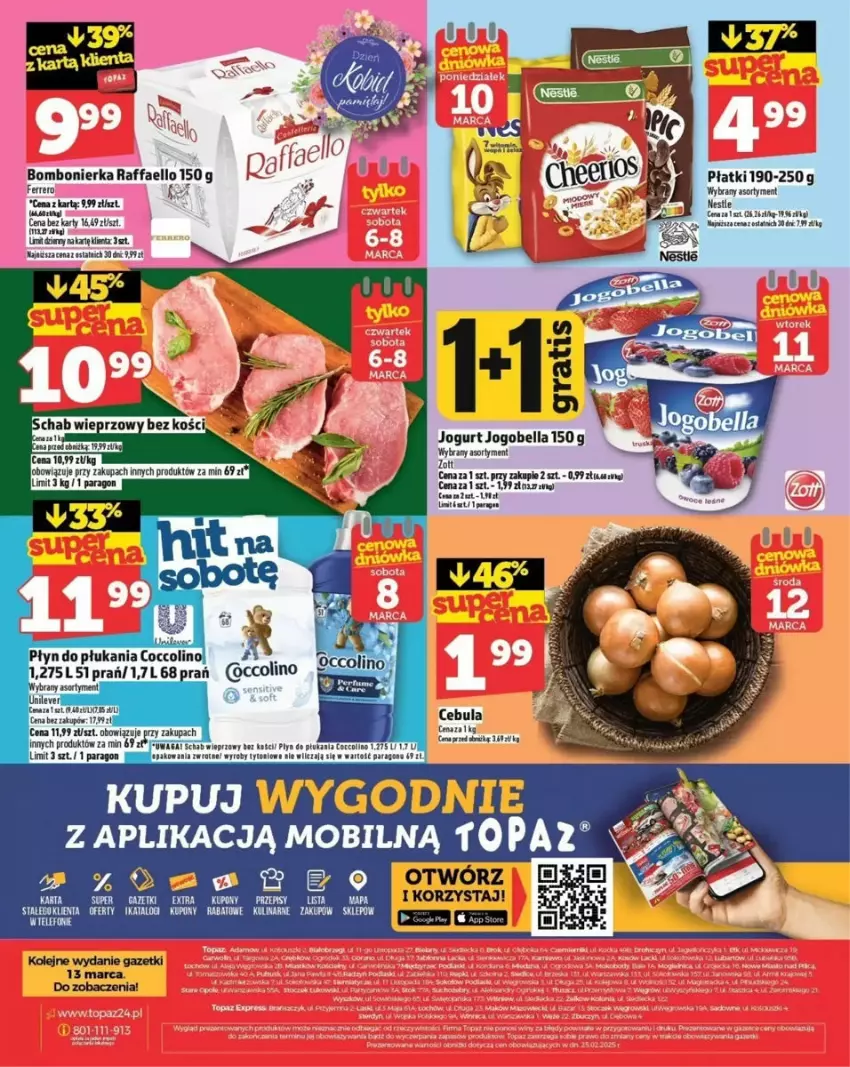 Gazetka promocyjna Topaz - ważna 06.03 do 12.03.2025 - strona 21 - produkty: Bell, Bella, Cebula, Fa, Ferrero, Jogobella, Jogurt, LG, Mobil, Olej, Płyn do płukania, Raffaello, Schab wieprzowy, Top, Waga