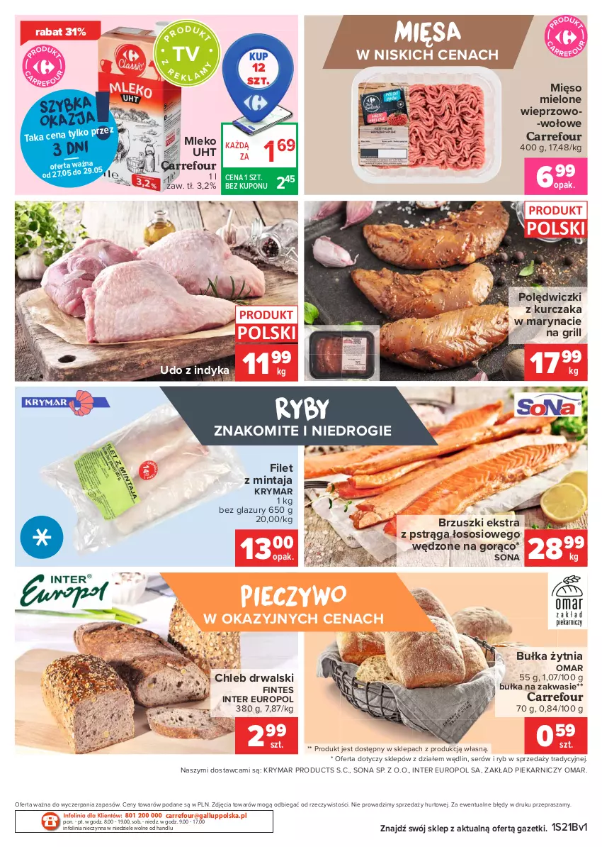 Gazetka promocyjna Carrefour - Gazetka Targi świeżości - ważna 24.05 do 31.05.2021 - strona 2 - produkty: Bułka, Chleb, Filet z mintaja, Grill, Kurczak, Lazur, Mięso, Mięso mielone, Mintaj, Mleko, Piec, Pieczywo, Polędwiczki z kurczaka, Pstrąg, Ser, Sos