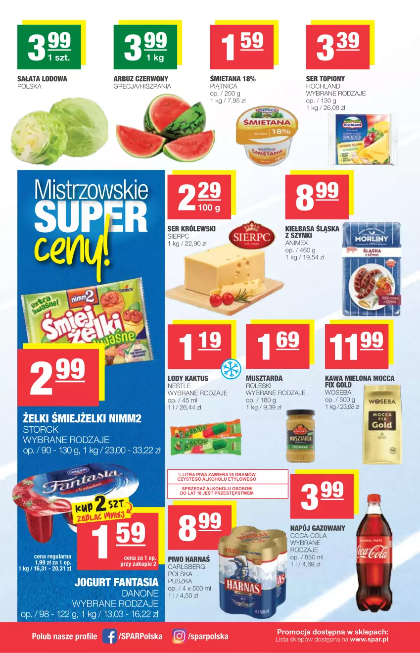 Gazetka promocyjna Spar - Express - ważna 26.05 do 01.06.2021 - strona 2 - produkty: Arbuz, Carlsberg, Coca-Cola, Hochland, Kaktus, Kawa, Kawa mielona, Kiełbasa, Kiełbasa śląska, Królewski, Lody, Mus, Musztarda, Napój, Napój gazowany, Nimm2, Piątnica, Piwo, Sałat, Sałata lodowa, Ser, Ser topiony, Top, Woseba