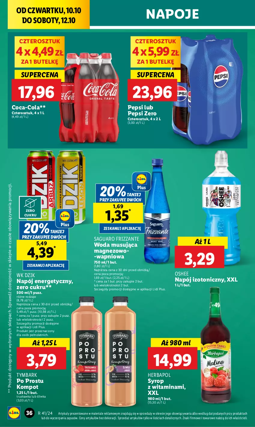 Gazetka promocyjna Lidl - GAZETKA - ważna 10.10 do 12.10.2024 - strona 42 - produkty: Coca-Cola, Herbapol, Magnez, Mus, Napój, Napój energetyczny, Napój izotoniczny, Napoje, Oshee, Pepsi, Syrop, Tymbark, Woda