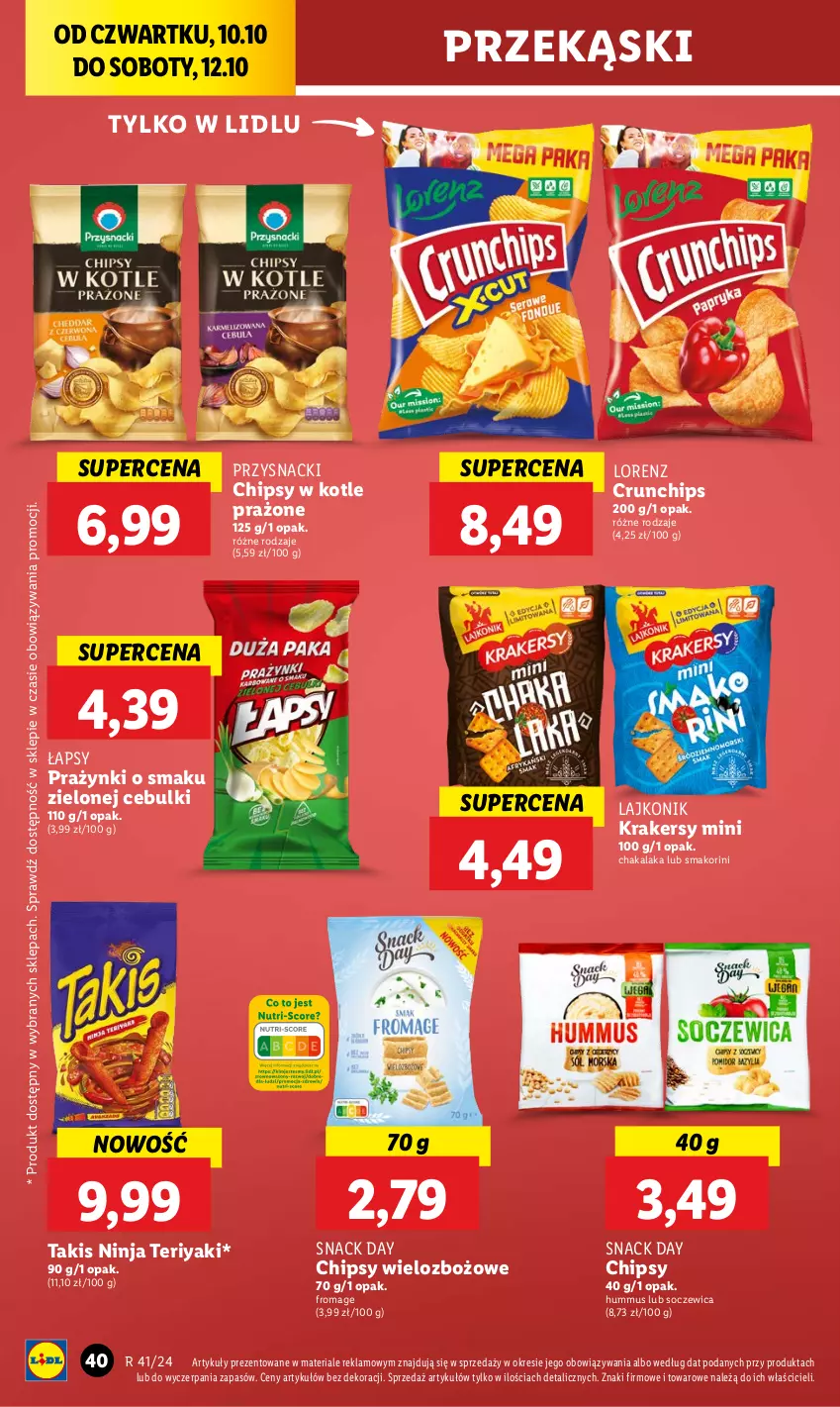 Gazetka promocyjna Lidl - GAZETKA - ważna 10.10 do 12.10.2024 - strona 46 - produkty: Chipsy, Crunchips, Hummus, Krakersy, Lajkonik, Lorenz, Mus, Przysnacki