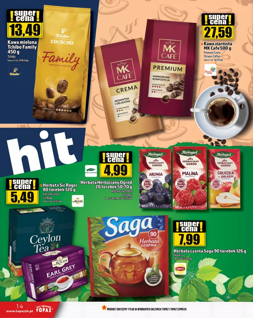 Gazetka promocyjna Topaz - Gazetka - ważna 18.01 do 24.01.2024 - strona 14 - produkty: Earl Grey, Herbapol, Herbata, Herbata czarna, Kawa, Kawa mielona, Saga, Tchibo, Top