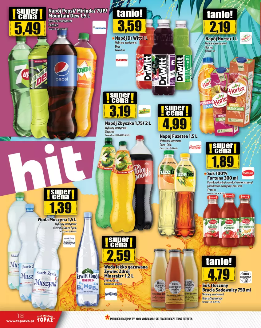 Gazetka promocyjna Topaz - Gazetka - ważna 18.01 do 24.01.2024 - strona 18 - produkty: Coca-Cola, Fortuna, LG, Mus, Napój, Sok, Szyna, Top, Woda