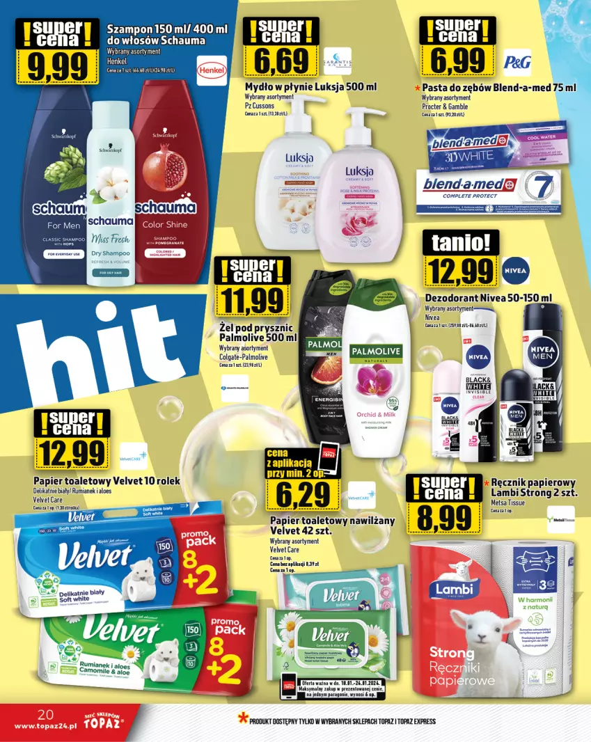 Gazetka promocyjna Topaz - Gazetka - ważna 18.01 do 24.01.2024 - strona 20 - produkty: Blend-a-Med, Colgate, Lack, LG, Luksja, Mop, Mydło, Mydło w płynie, Nivea, Palmolive, Papier, Papier toaletowy, Pasta do zębów, Ręcznik, Rum, Schauma, Szampon, Top, Velvet