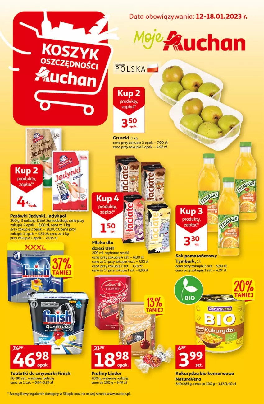 Gazetka promocyjna Auchan - Gazetka Koszyk Oszczędności Moje Auchan - ważna 12.01 do 18.01.2023 - strona 1 - produkty: Dzieci, Finish, Gruszki, Kukurydza, Lindor, Mleko, Mleko dla dzieci, Parówki, Praliny, Ser, Sok, Sok pomarańczowy, Tablet, Tabletki do zmywarki, Tymbark, Zmywarki