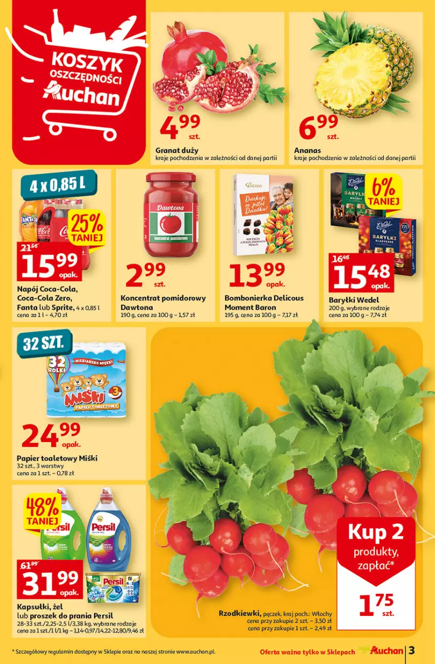 Gazetka promocyjna Auchan - Gazetka Koszyk Oszczędności Moje Auchan - ważna 12.01 do 18.01.2023 - strona 3 - produkty: Ananas, Baryłki, Coca-Cola, Dawtona, Fa, Fanta, Gra, Granat, Koncentrat pomidorowy, Napój, Papier, Papier toaletowy, Persil, Proszek do prania, Sprite