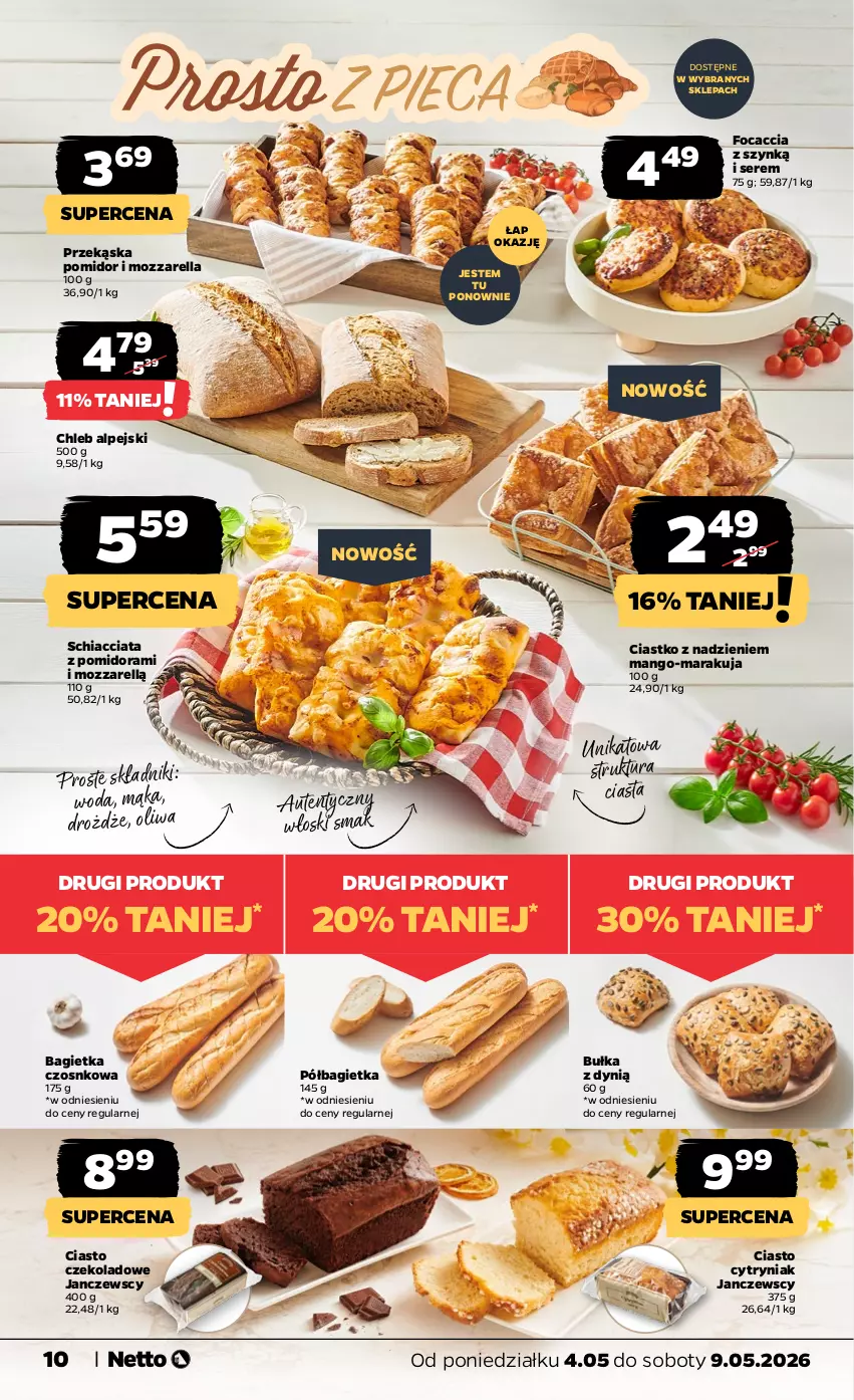 Gazetka promocyjna Netto - Od Poniedziałku - ważna 04.05 do 09.05.2026 - strona 10 - produkty: Bagietka, Bagietka czosnkowa, Bułka, Chia, Chleb, Ciasto czekoladowe, Drożdże, Dynią, Focaccia, Mąka, Mango, Mozzarella, Oliwa, Półbagietka, Ser, Woda