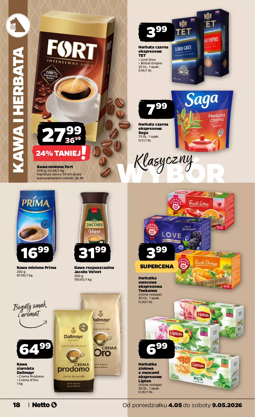 Gazetka promocyjna Netto - Od Poniedziałku - ważna 04.05 do 09.05.2026 - strona 18 - produkty: Brit, Dallmayr, Herbata, Herbata czarna, Jacobs, Jacobs Velvet, Kawa, Kawa mielona, Kawa rozpuszczalna, Kawa ziarnista, Lipton, Prima, Saga, Teekanne, Velvet