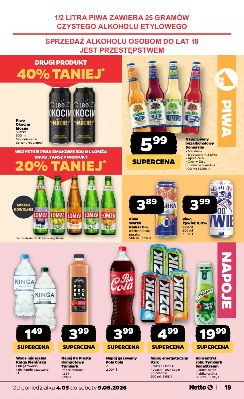 Gazetka promocyjna Netto - Od Poniedziałku - ważna 04.05 do 09.05.2026 - strona 19 - produkty: Gra, Koc, Lack, Mięta, Napój, Napój energetyczny, Napój gazowany, Napoje, Okocim, Piwa, Piwo, Radler, Sok, Somersby, Tymbark, Warka, Woda, Woda mineralna