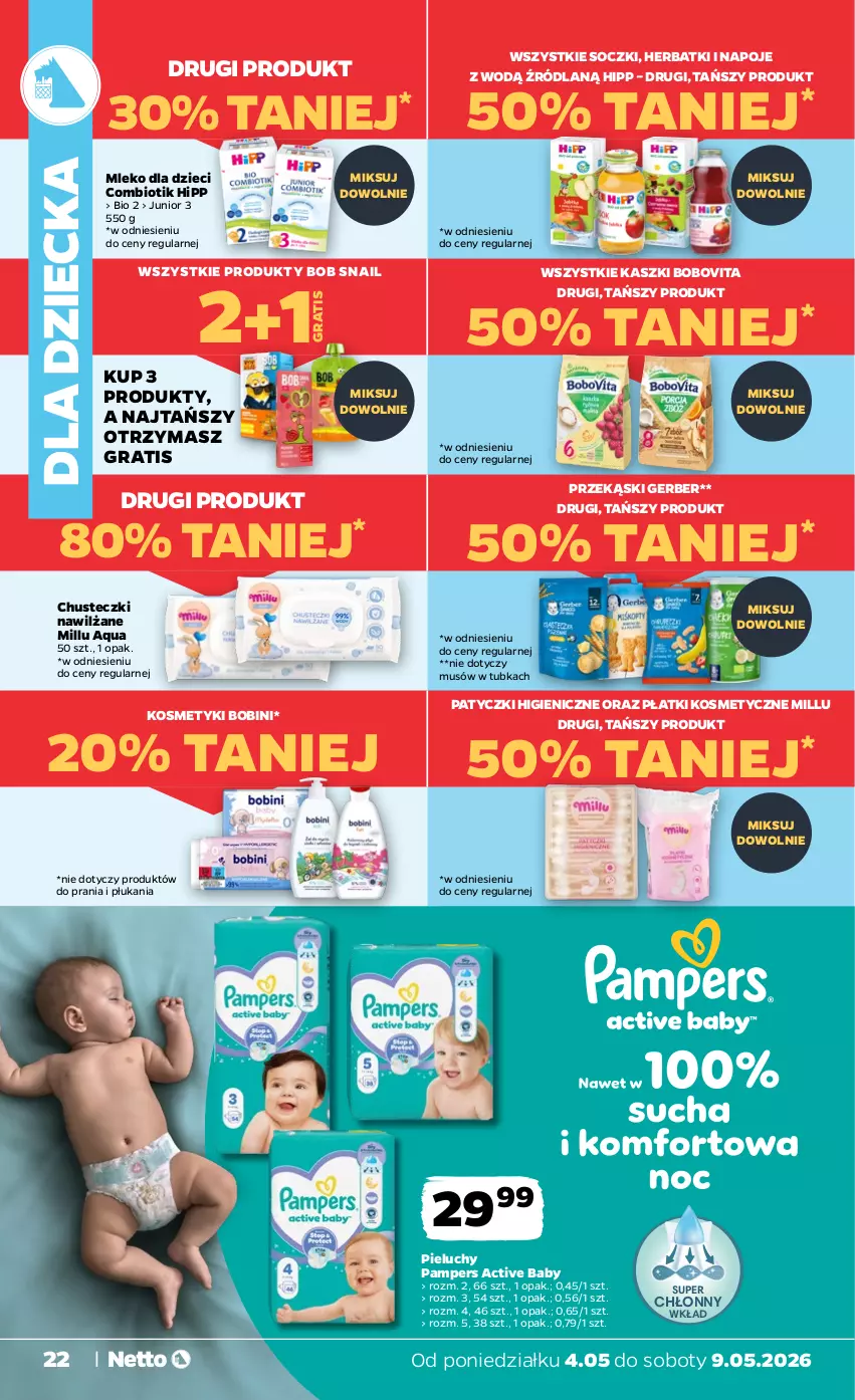 Gazetka promocyjna Netto - Od Poniedziałku - ważna 04.05 do 09.05.2026 - strona 22 - produkty: BoboVita, Chusteczki, Dzieci, Gerber, Gra, HiPP, Mleko, Mleko dla dzieci, Mus, Napoje, Pampers, Pieluchy, Płatki kosmetyczne