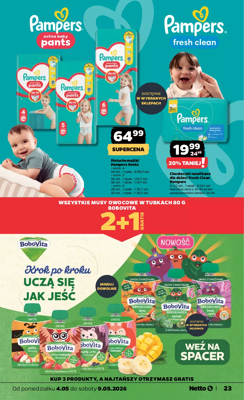 Gazetka promocyjna Netto - Od Poniedziałku - ważna 04.05 do 09.05.2026 - strona 23 - produkty: BoboVita, Chusteczki, Dzieci, Gra, Majtki, Mus, Pampers, Pieluchomajtki