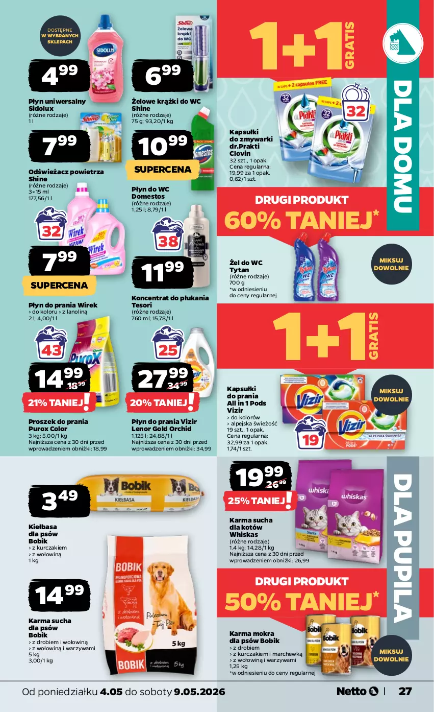 Gazetka promocyjna Netto - Od Poniedziałku - ważna 04.05 do 09.05.2026 - strona 27 - produkty: Domestos, Gra, Kapsułki do prania, Kiełbasa, Kurczak, Lenor, Lovi, Odświeżacz powietrza, Płyn do prania, Płyn do wc, Proszek do prania, Pur, Sidolux, Tytan, Vizir, Warzywa, Whiskas, Zmywarki