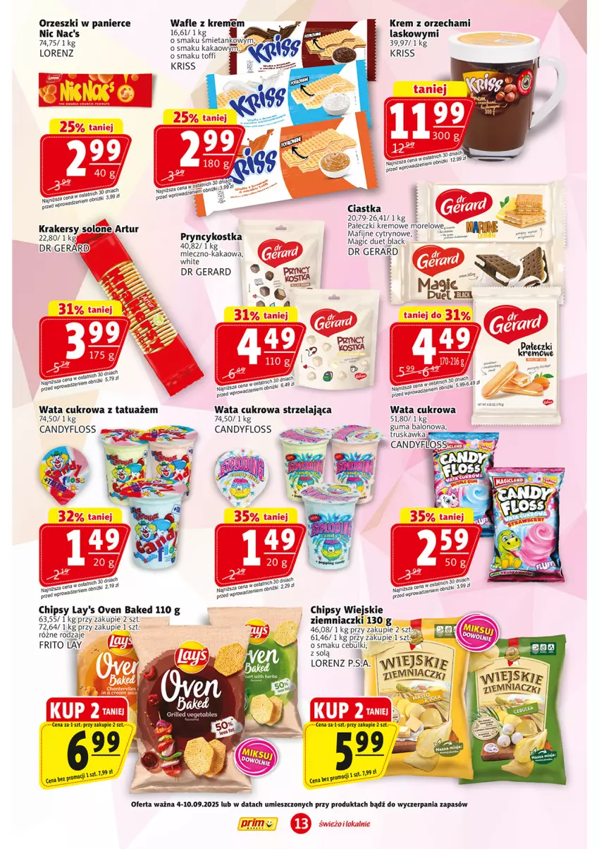 Gazetka promocyjna Prim Market - ważna 04.09 do 10.09.2025 - strona 13 - produkty: Artur, Candy, Chipsy, Ciastka, Dr Gerard, Kakao, Krakersy, Lack, Lorenz, Miecz, Orzeszki, Wafle, Wata cukrowa