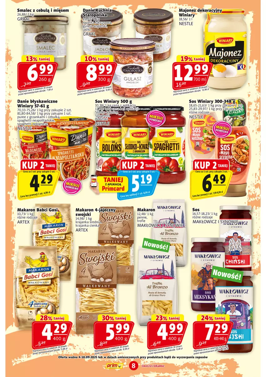 Gazetka promocyjna Prim Market - ważna 04.09 do 10.09.2025 - strona 8 - produkty: Gra, Majonez, Makaron, Pur, Smalec, Sos, Spaghetti, Winiary