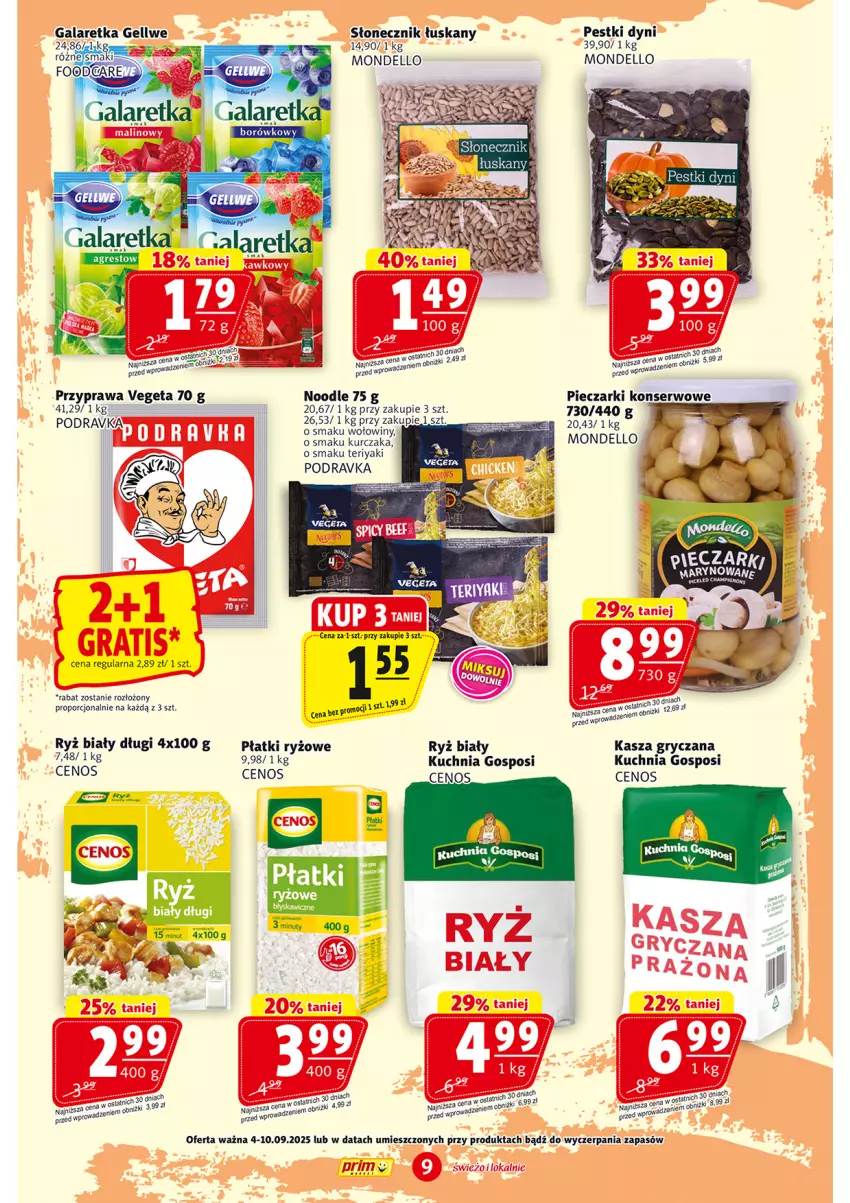 Gazetka promocyjna Prim Market - ważna 04.09 do 10.09.2025 - strona 9 - produkty: Cenos, Dell, Gala, Galaretka, Gry, Kasza, Kasza gryczana, Kuchnia, Kurczak, Pestki dyni, Piec, Płatki ryżowe, Podravka, Por, Ryż, Ryż biały, Ser, Vegeta