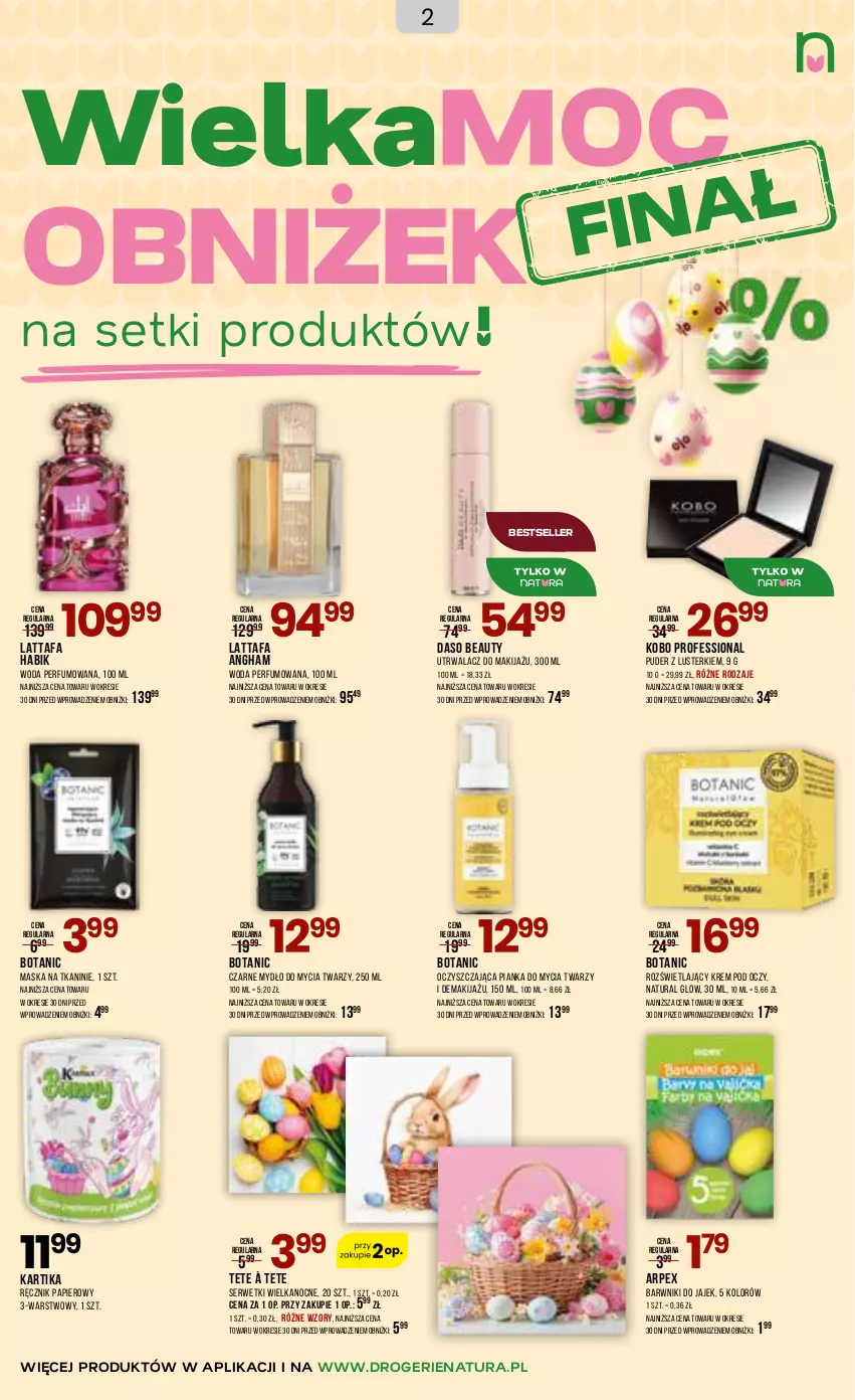 Gazetka promocyjna Drogerie Natura - Gazetka Drogerie Natura - ważna 31.03 do 16.04.2026 - strona 2 - produkty: Fa, KOBO, Krem pod oczy, Makijaż, Maska, Mydło, Papier, Perfum, Pianka do mycia twarzy, Puder, Ręcznik, Ser, Serwetki, Woda, Woda perfumowana