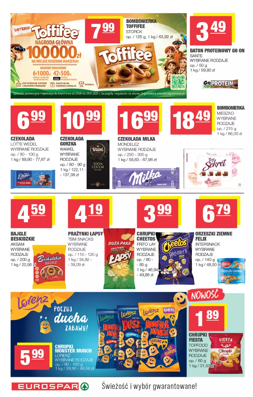 Gazetka promocyjna Spar - EuroSpar - ważna 19.10 do 29.10.2025 - strona 12 - produkty: Aksam, Bajgle, Baton, Beskidzki, Cheetos, Chrupki, Czekolada, Felix, Milka, Orzeszki, Orzeszki ziemne, Sante, Toffifee, Top, Wawel