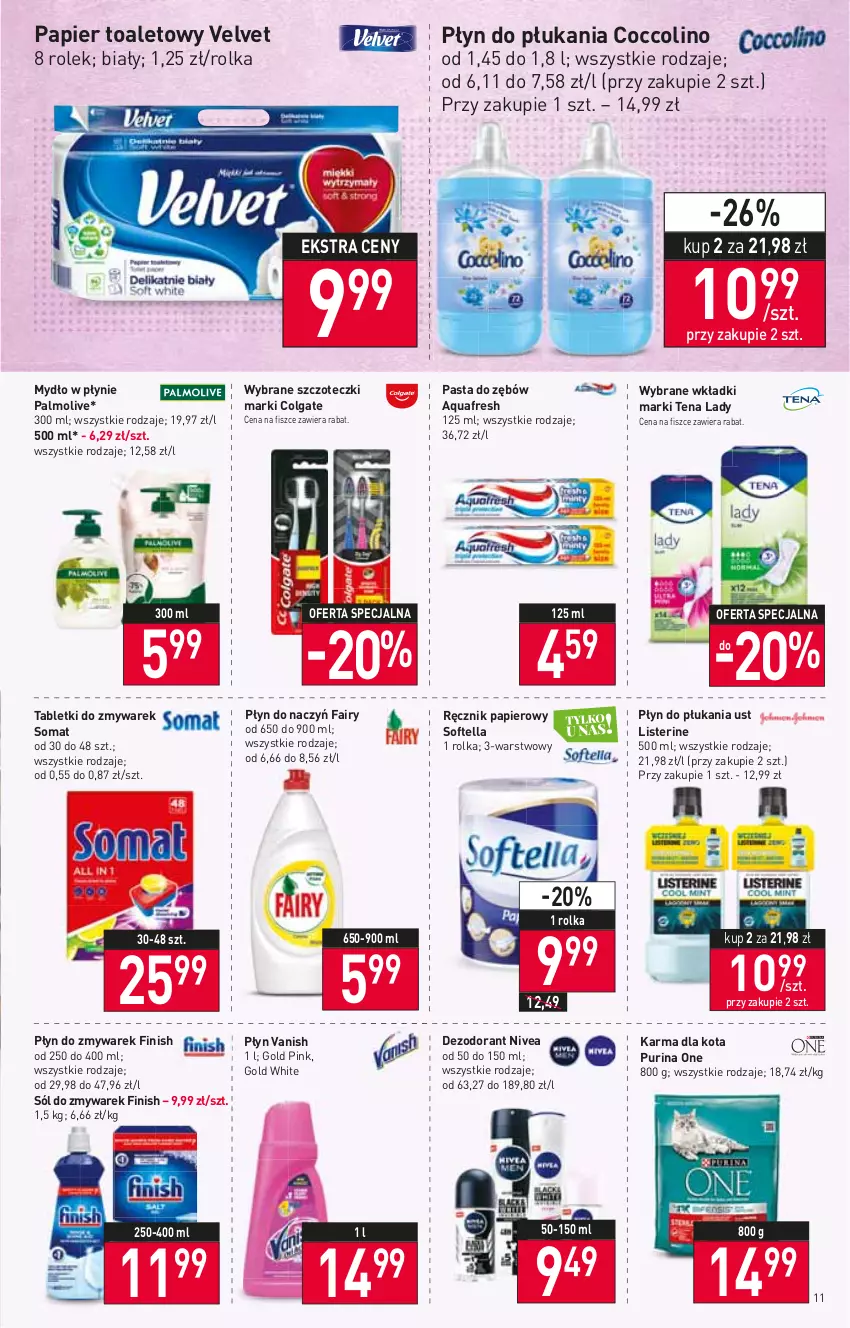 Gazetka promocyjna Stokrotka - Market - ważna 30.06 do 06.07.2022 - strona 11 - produkty: Aquafresh, Coccolino, Colgate, Dezodorant, Fa, Fairy, Finish, LG, Listerine, Mydło, Mydło w płynie, Nivea, Palmolive, Papier, Papier toaletowy, Pasta do zębów, Płyn do płukania, Pur, Purina, Ręcznik, Sól, Somat, Tablet, Vanish, Velvet, Wkładki