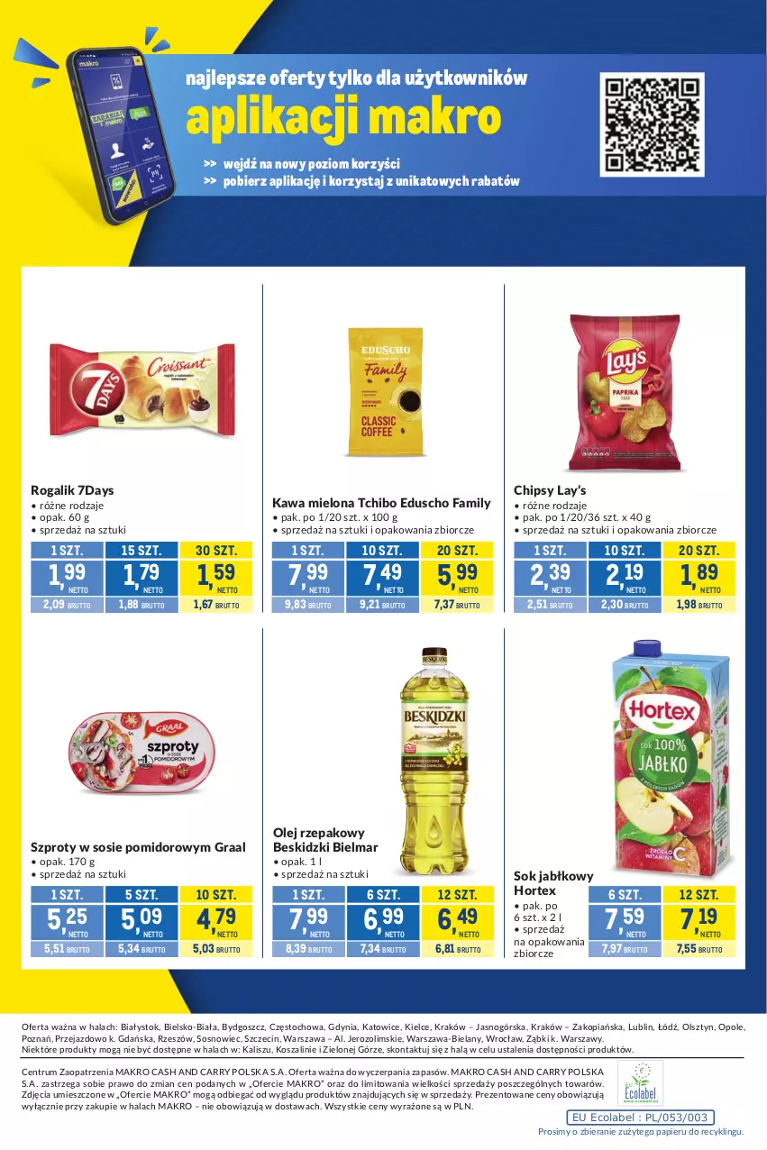 Gazetka promocyjna Makro - Kupujesz więcej płacisz mniej - ważna 29.09 do 26.10.2026 - strona 12 - produkty: Beskidzki, Chipsy, Fa, Gra, Graal, Hortex, Kawa, Kawa mielona, Kosz, Lay’s, Olej, Olej rzepakowy, Papier, Rogal, Rum, Sok, Sok jabłkowy, Sos, Szal, Szprot, Tchibo
