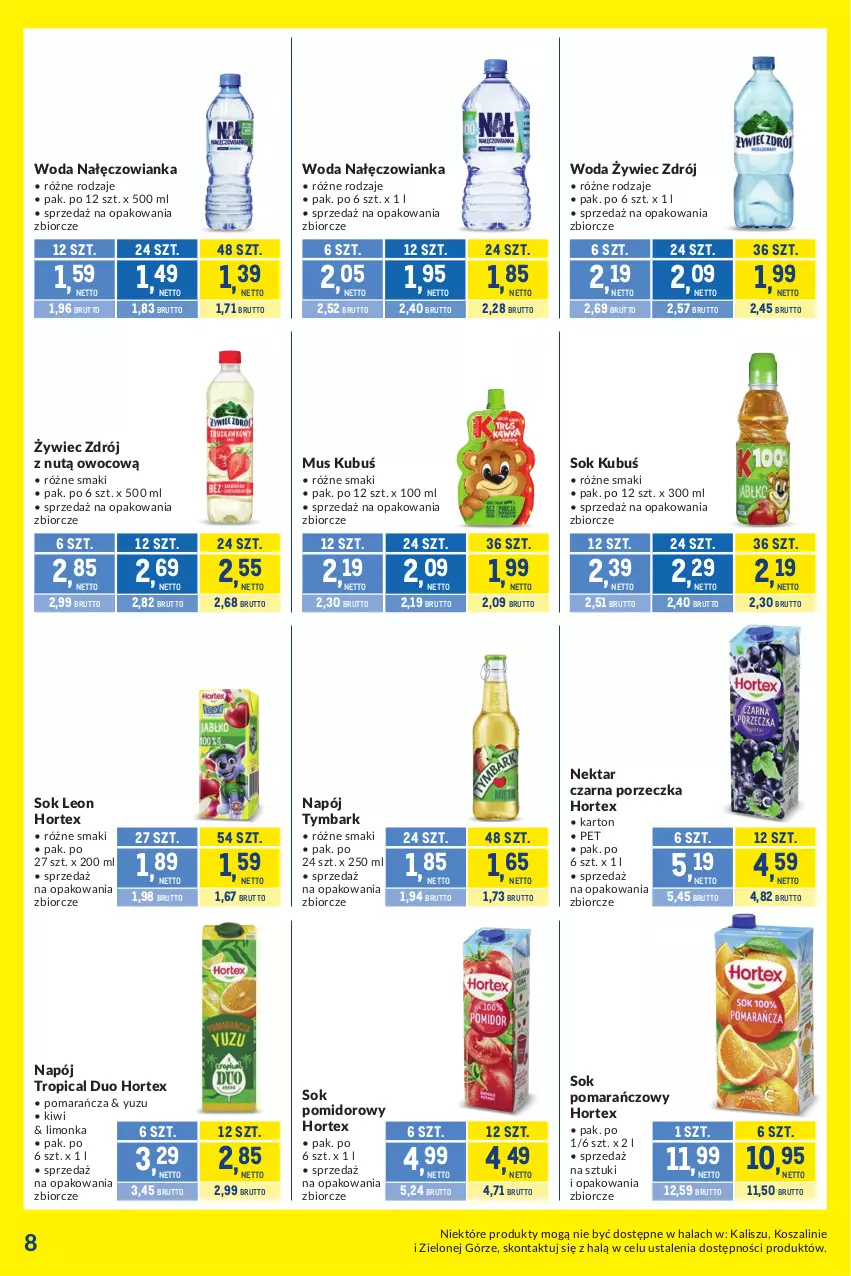 Gazetka promocyjna Makro - Kupujesz więcej płacisz mniej - ważna 29.09 do 26.10.2026 - strona 8 - produkty: Hortex, Kiwi, Kosz, Kubuś, Leon, Limonka, Mus, Nałęczowianka, Napój, Nektar, Por, Sok, Sok pomarańczowy, Sok pomidorowy, Szal, Tropical, Tymbark, Woda