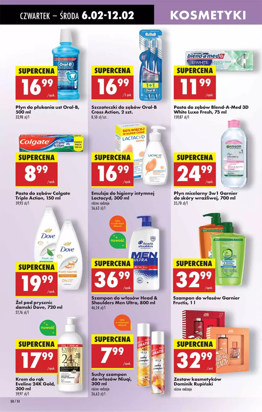 Gazetka promocyjna Biedronka - Od Czwartku - ważna 06.02 do 12.02.2025 - strona 50 - produkty: Blend-a-Med, Colgate, Dove, Emulsja, Eveline, Fa, Fructis, Garnier, Krem do rąk, Lactacyd, LG, Niuqi, Pasta do zębów, Płyn do płukania, Płyn micelarny, Suchy szampon, Szampon