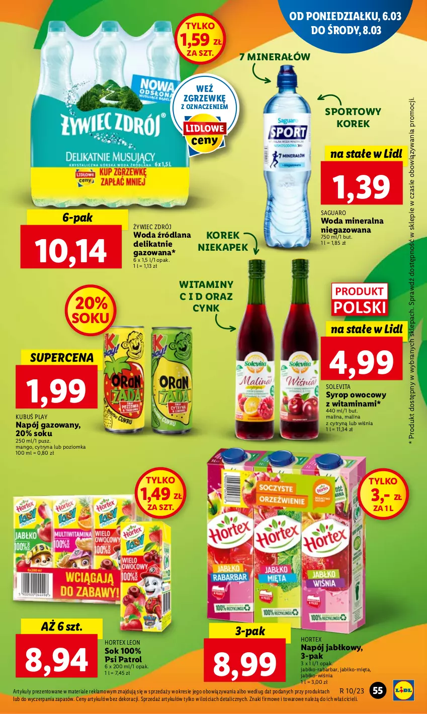 Gazetka promocyjna Lidl - GAZETKA - ważna 06.03 do 08.03.2023 - strona 61 - produkty: Cynk, Hortex, Kubuś, LANA, Leon, Mango, Mięta, Napój, Napój gazowany, Por, Psi Patrol, Sok, Sport, Syrop, Woda, Woda mineralna