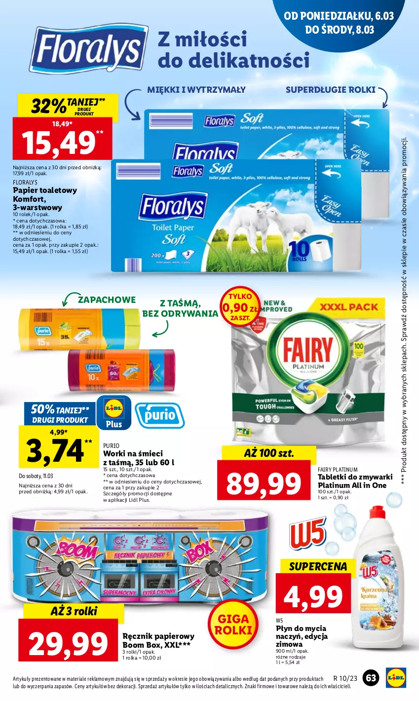 Gazetka promocyjna Lidl - GAZETKA - ważna 06.03 do 08.03.2023 - strona 69 - produkty: Do mycia naczyń, Fa, Fairy, Flora, Papier, Papier toaletowy, Płyn do mycia, Płyn do mycia naczyń, Pur, Ręcznik, Rolki, Tablet, Tabletki do zmywarki, Worki na śmiec, Worki na śmieci, Zmywarki