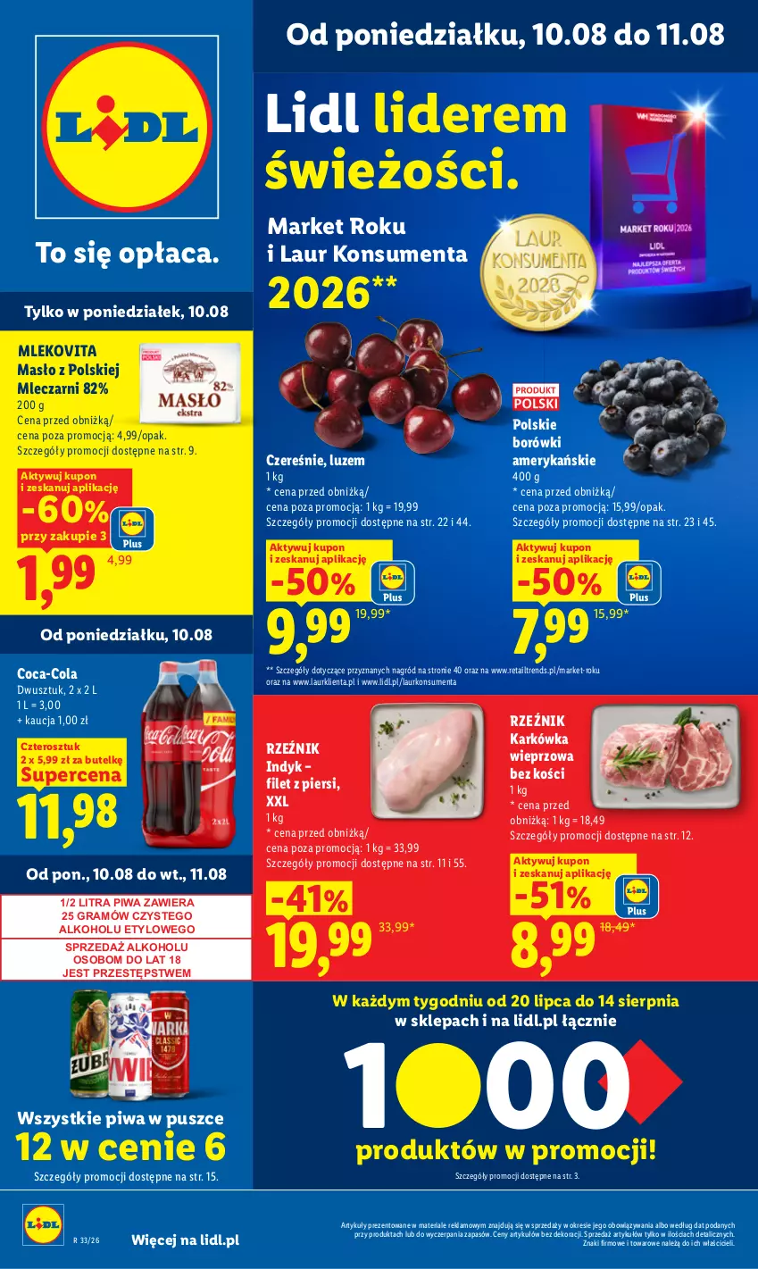 Gazetka promocyjna Lidl - Gazetka ważna od 10.08 do 11.08 - ważna 10.08 do 11.08.2026 - strona 1 - produkty: Coca-Cola, Gra, Karkówka wieprzowa, Laur, Masło, Mleko, Mlekovita, Piwa