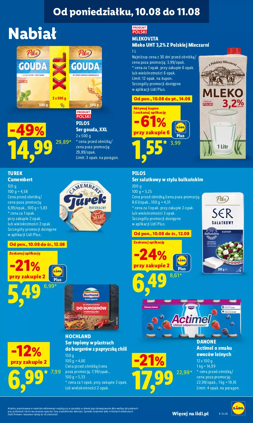 Gazetka promocyjna Lidl - Gazetka ważna od 10.08 do 11.08 - ważna 10.08 do 11.08.2026 - strona 59 - produkty: Actimel, Burger, Camembert, Danone, Gouda, Hochland, Laur, Mleko, Mlekovita, Pilos, Sałat, Ser, Ser topiony, Top