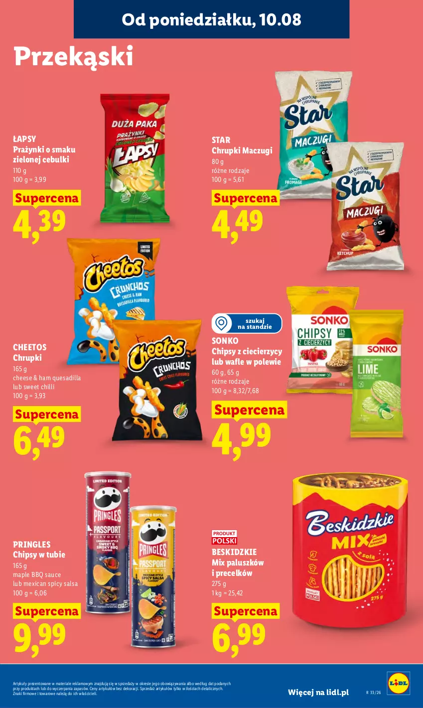 Gazetka promocyjna Lidl - Gazetka ważna od 10.08 do 11.08 - ważna 10.08 do 11.08.2026 - strona 75 - produkty: Beskidzki, Cheetos, Chipsy, Chrupki, Pringles, Salsa, Sonko, Wafle