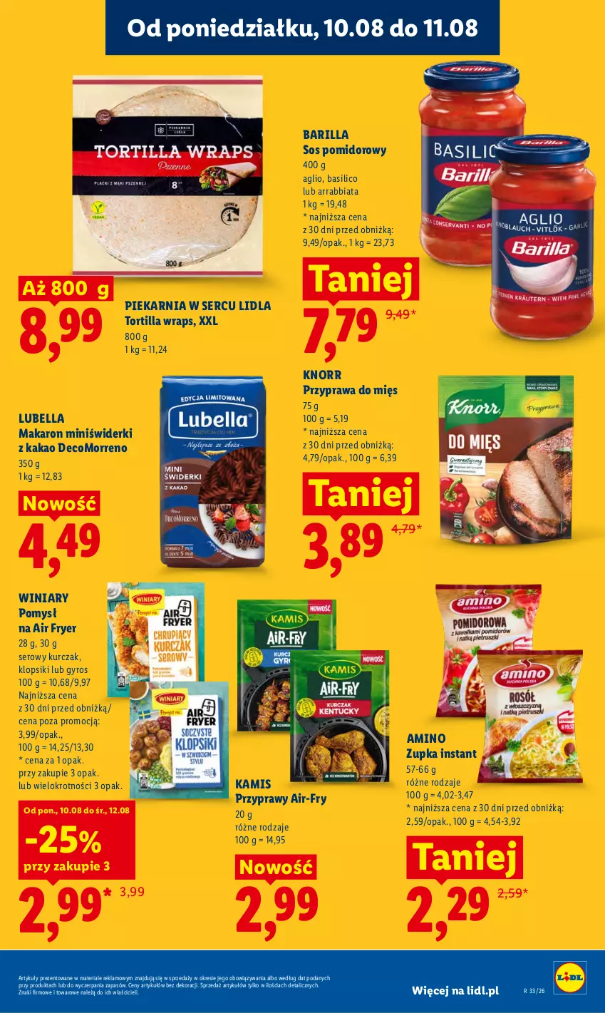 Gazetka promocyjna Lidl - Gazetka ważna od 10.08 do 11.08 - ważna 10.08 do 11.08.2026 - strona 85 - produkty: Barilla, Bell, Bella, Gyros, Kakao, Kamis, Klopsiki, Knorr, Kurczak, Lubella, Makaron, Przyprawy, Ser, Sos, Sos pomidorowy, Tortilla, Winiary