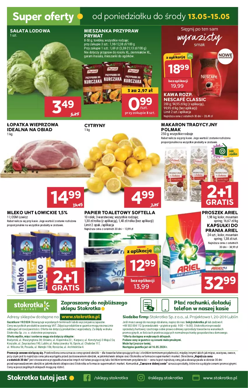 Gazetka promocyjna Stokrotka - Market - ważna 09.05 do 15.05.2024 - strona 20 - produkty: Ariel, Cytryny, Dres, Gra, JBL, Kapsułki do prania, Kawa, Makaron, Mleko, Nescafé, O nas, Olma, Papier, Papier toaletowy, Por, Prymat, Sałat, Sałata lodowa, Ser, Telefon, Torebka