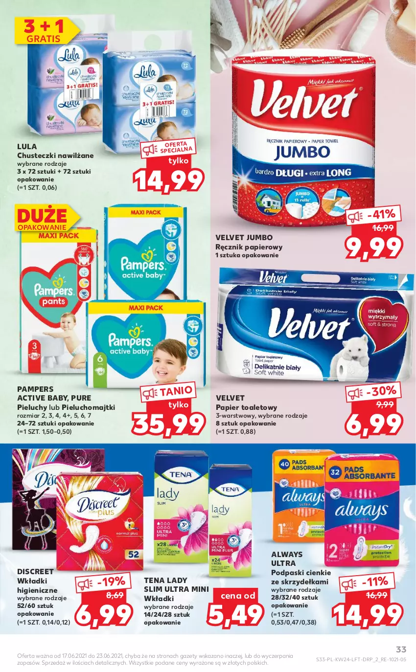 Gazetka promocyjna Kaufland - OFERTA TYGODNIA - ważna 17.06 do 23.06.2021 - strona 33 - produkty: Always, Always Ultra, Chusteczki, Discreet, Gra, Majtki, Pampers, Papier, Papier toaletowy, Pieluchomajtki, Pieluchy, Podpaski, Pur, Ręcznik, Velvet, Wkładki