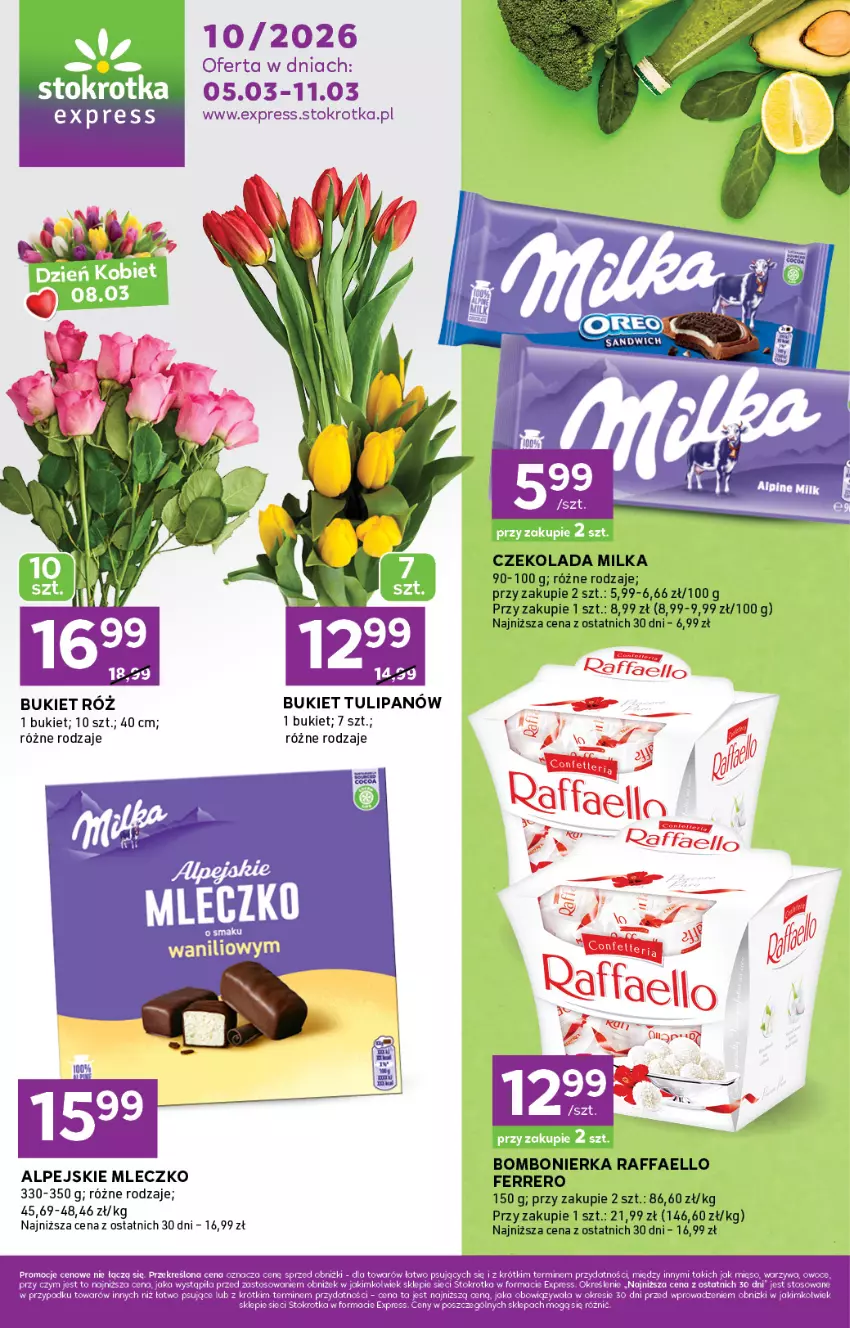 Gazetka promocyjna Stokrotka - Stokrotka Express - ważna 05.03 do 11.03.2026 - strona 1 - produkty: Bukiet, Czekolada, Fa, Ferrero, Milka, Mleczko, Raffaello, Tulipan