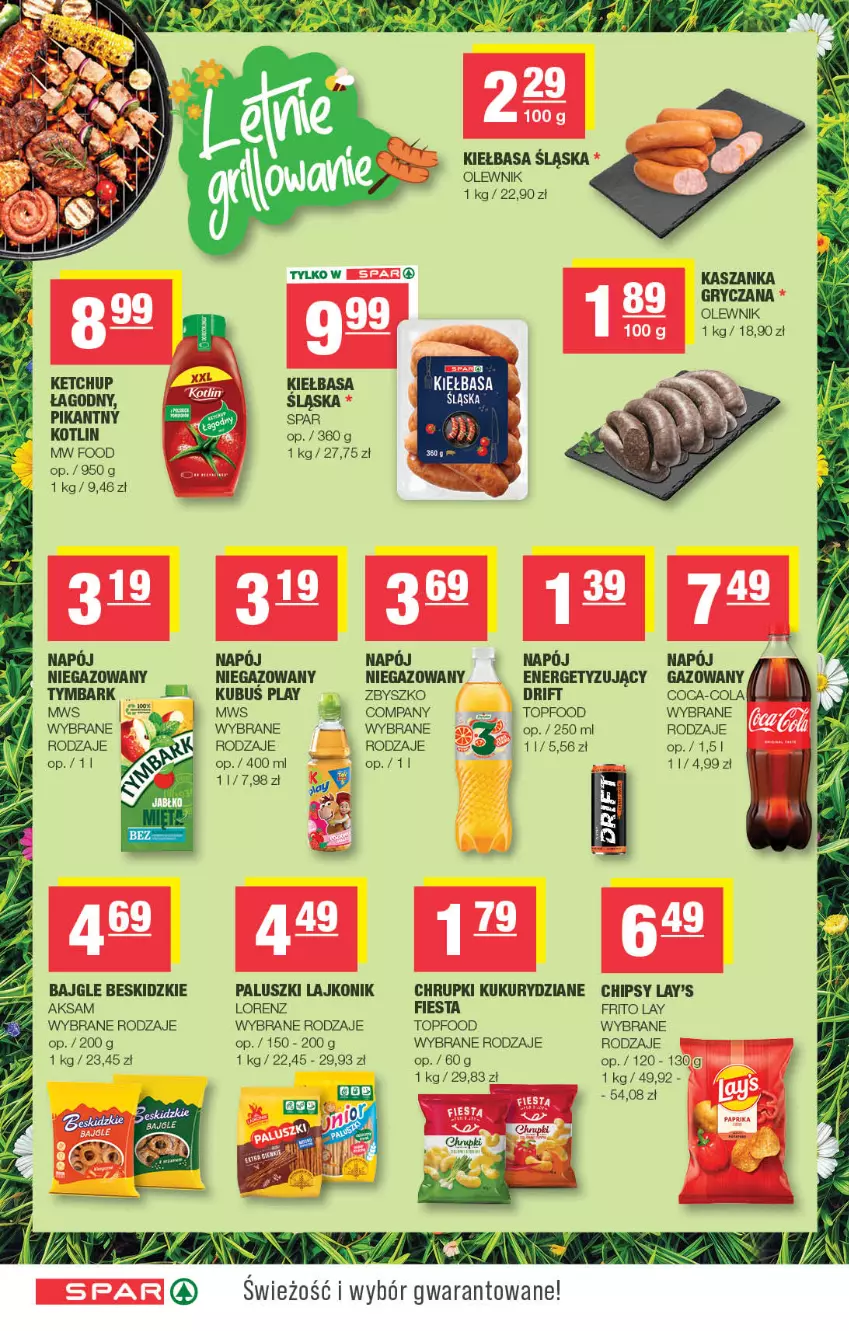 Gazetka promocyjna Spar - Spar - ważna 12.08 do 23.08.2026 - strona 6 - produkty: Aksam, Bajgle, Beskidzki, Beskidzkie paluszki, Chipsy, Chrupki, Coca-Cola, Gry, Kasza, Kaszanka, Ketchup, Kiełbasa, Kiełbasa śląska, Kotlin, Kubuś, Lajkonik, Lorenz, Olewnik, Top, Tymbark