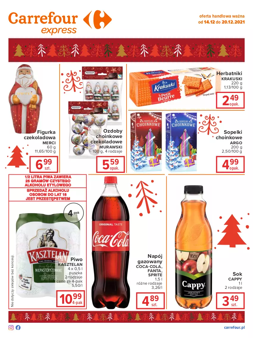 Gazetka promocyjna Carrefour - Gazetka Express - ważna 14.12 do 20.12.2021 - strona 2 - produkty: Cappy, Coca-Cola, Fa, Fanta, Gra, Herbatniki, Kasztelan, Krakus, Krakuski, Merci, Napój, Napój gazowany, Piwa, Piwo, Sok, Sprite